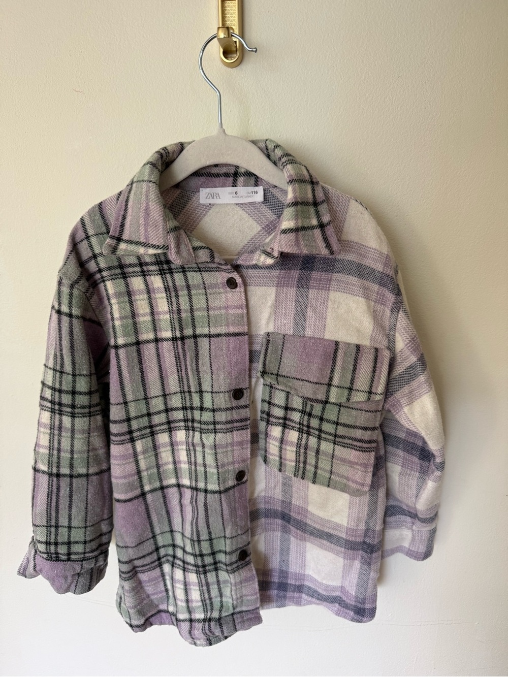 Zara Girls Lavender and Green Plaid Button-Front Shacket